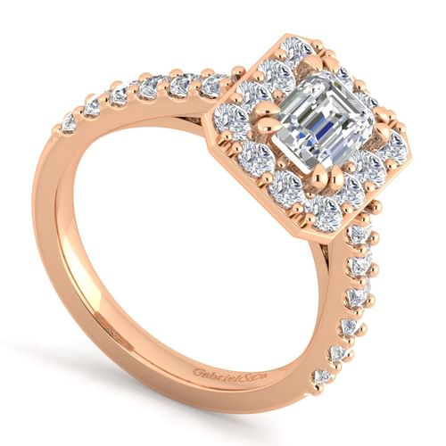 14K Rose Gold Halo Emerald Cut Diamond Engagement Ring
