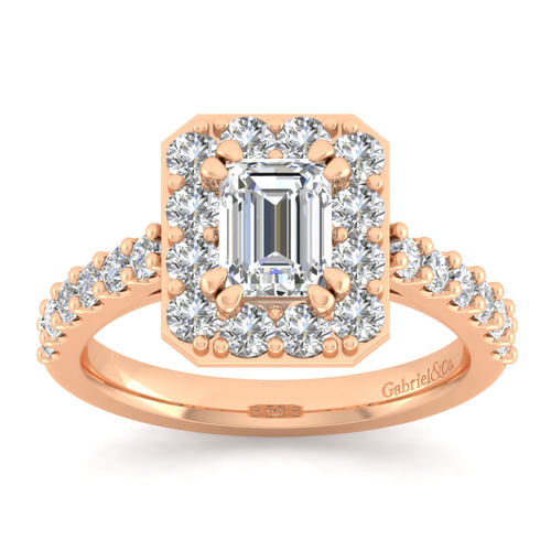 14K Rose Gold Halo Emerald Cut Diamond Engagement Ring