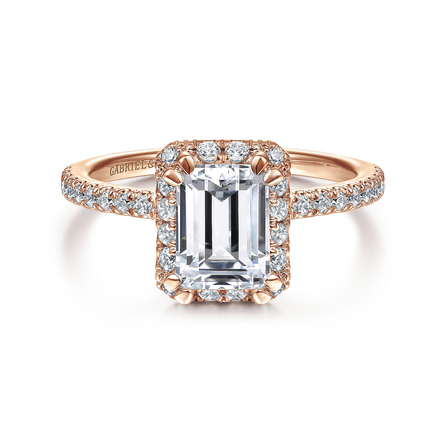 Gabriel - 14K Rose Gold Halo Emerald Cut Diamond Engagement Ring