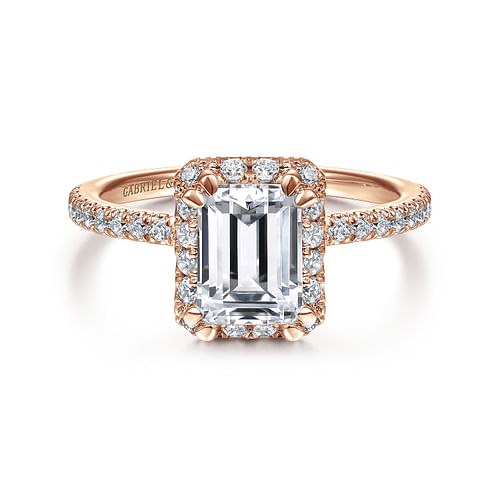 14K Rose Gold Halo Emerald Cut Diamond Engagement Ring