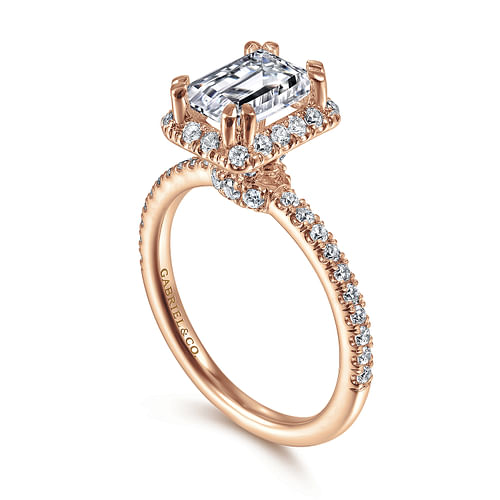 14K Rose Gold Halo Emerald Cut Diamond Engagement Ring