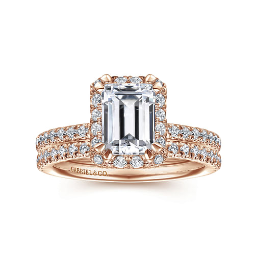 14K Rose Gold Halo Emerald Cut Diamond Engagement Ring