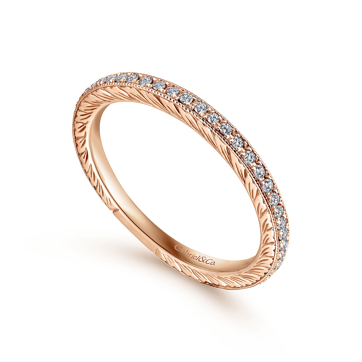 14K Rose Gold Hand Carved Stackable Diamond Ring