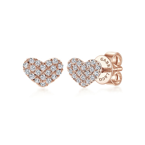 14K Rose Gold Heart Shaped Pavé Diamond Stud Earrings