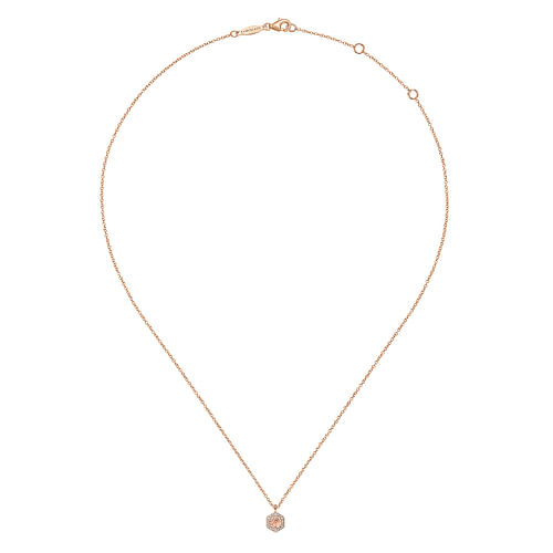 14K Rose Gold Hexagonal Halo Morganite and Diamond Pendant Necklace