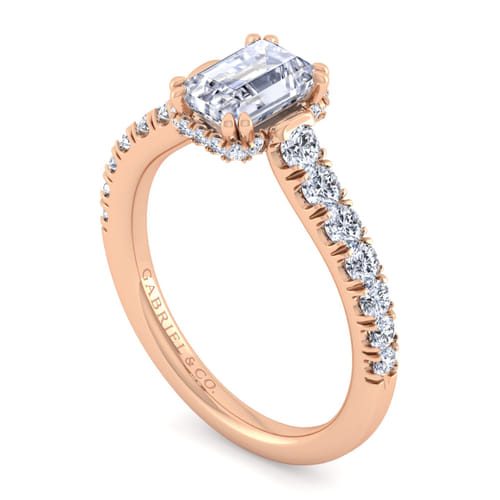 14K Rose Gold Hidden Halo Emerald Cut Diamond Engagement Ring
