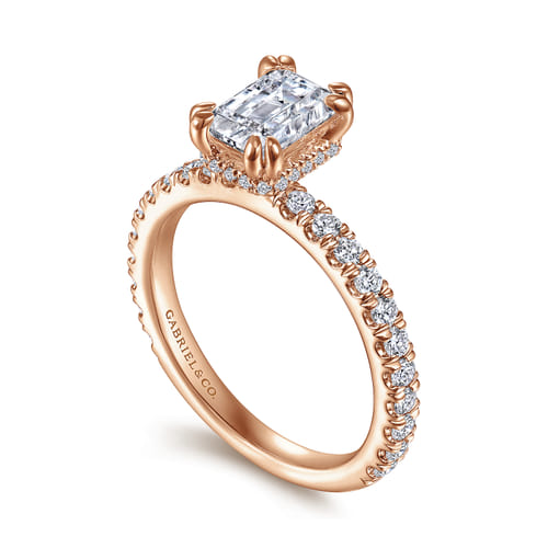 14K Rose Gold Hidden Halo Emerald Cut Diamond Engagement Ring