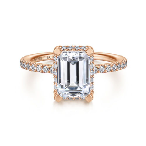 14K Rose Gold Hidden Halo Emerald Cut Diamond Engagement Ring