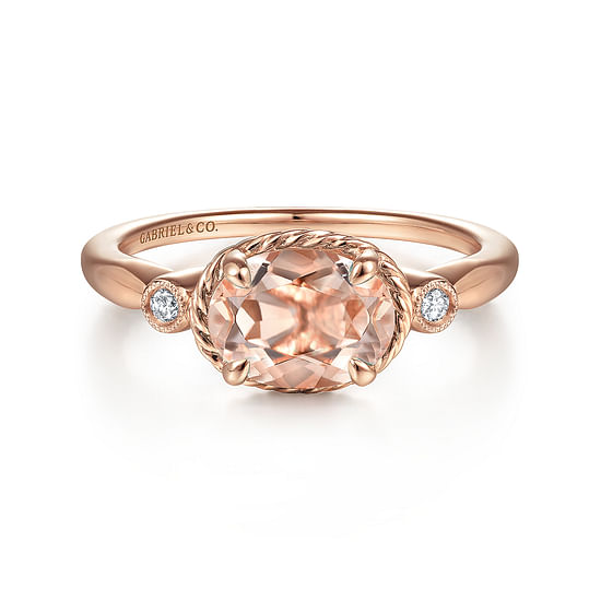 Gabriel - 14K Rose Gold Horizontal Oval Morganite and Diamond Three Stone Ring