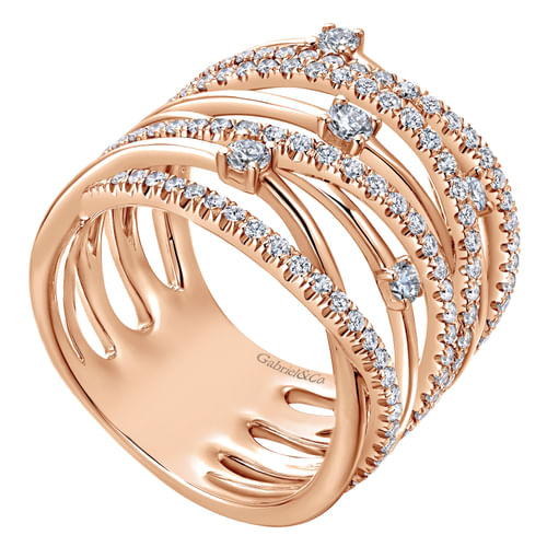 14K Rose Gold Intersecing Diamond Wide Criss Cross Ring