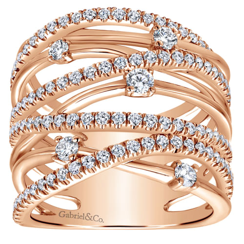 14K Rose Gold Intersecing Diamond Wide Criss Cross Ring
