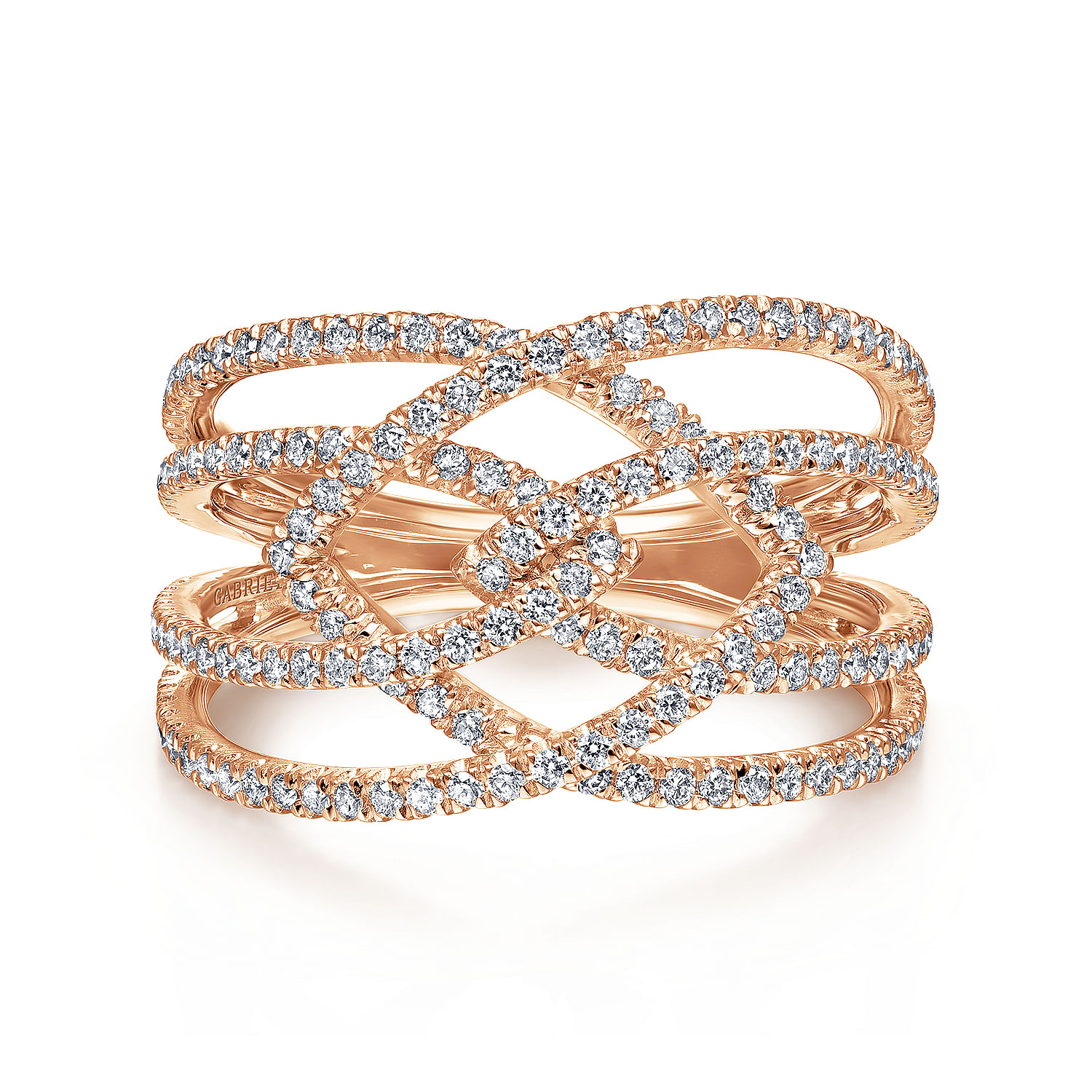 14K Rose Gold Intersecting Multi Row Pavé Diamond Ring
