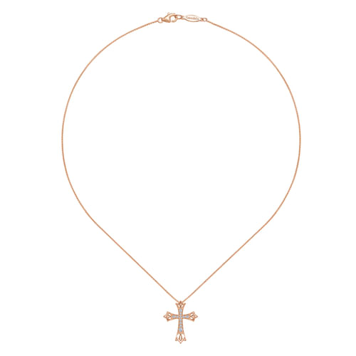 14K Rose Gold Intricate Openwork Diamond Cross Necklace