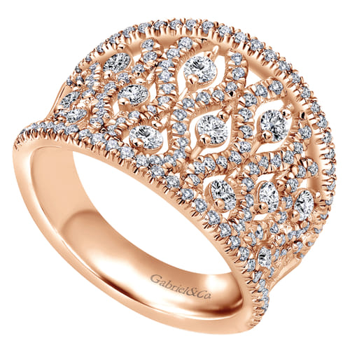 14K Rose Gold Intricate Openwork Diamond Wide Band Ring