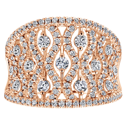 14K Rose Gold Intricate Openwork Diamond Wide Band Ring