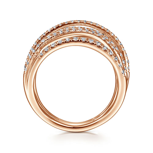 14K Rose Gold Layered Criss Crossing Wide Band Diamond Ring