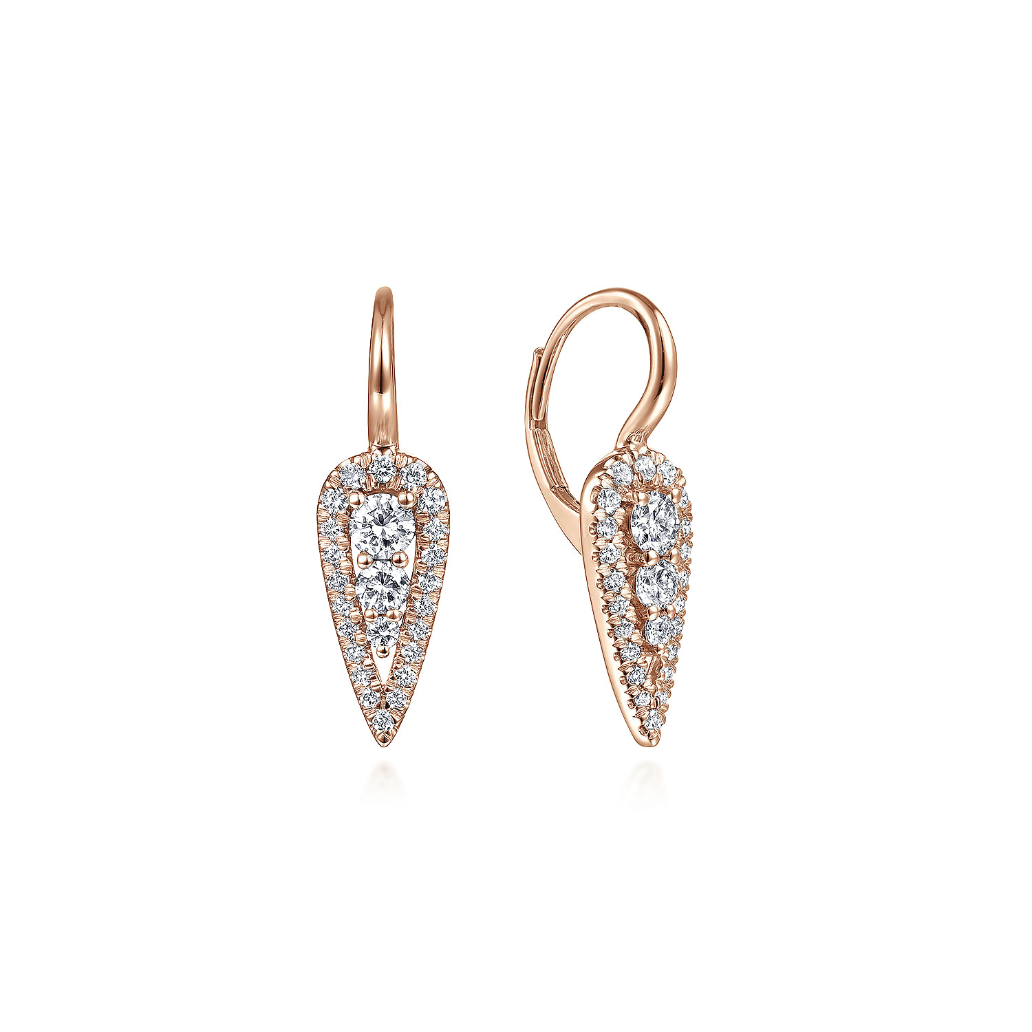 14K Rose Gold Long Cluster Teardrop Leverback Diamond Earrings
