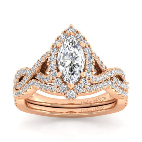 14K Rose Gold Marquise Halo Diamond Engagement Ring