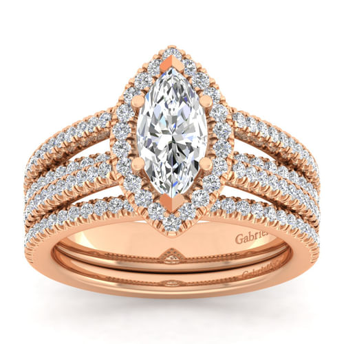 14K Rose Gold Marquise Halo Diamond Engagement Ring