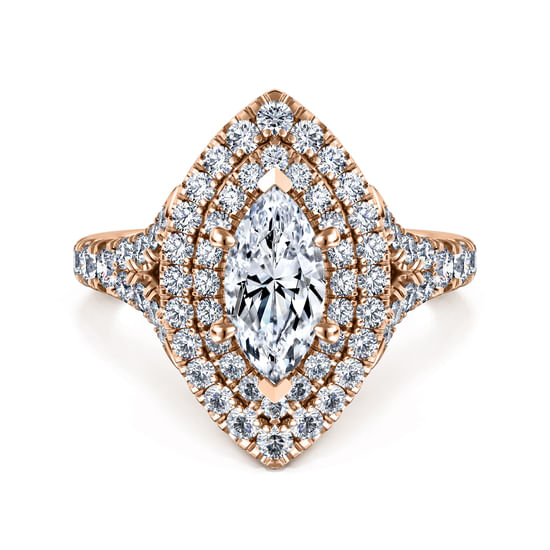 Gabriel - 14K Rose Gold Marquise Shape Double Halo Diamond Engagement Ring