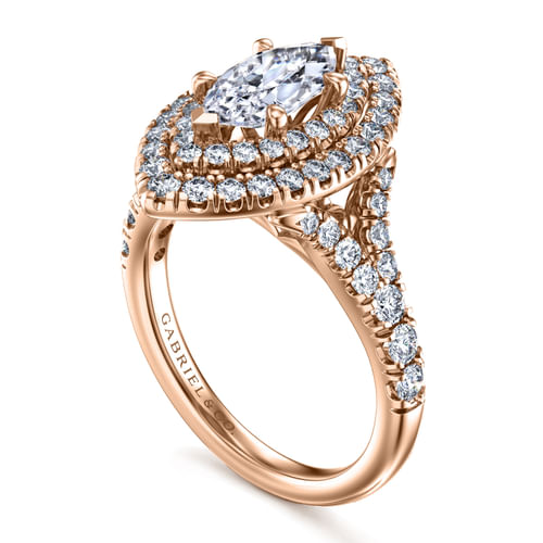 14K Rose Gold Marquise Shape Double Halo Diamond Engagement Ring