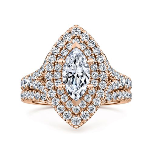 14K Rose Gold Marquise Shape Double Halo Diamond Engagement Ring