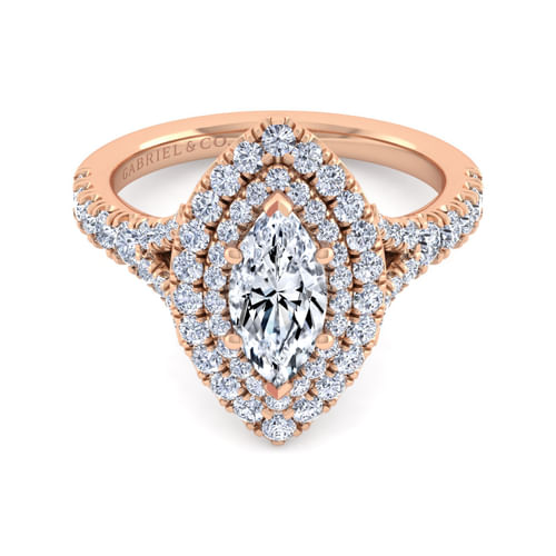 14K Rose Gold Marquise Shape Double Halo Diamond Engagement Ring