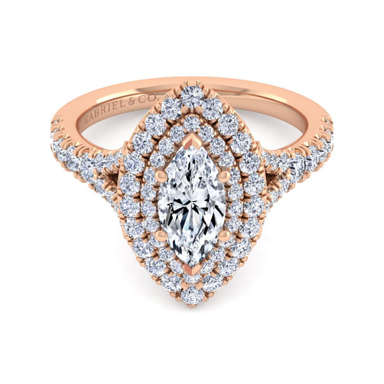 Gabriel - 14K Rose Gold Marquise Shape Double Halo Diamond Engagement Ring