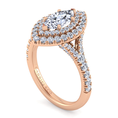 14K Rose Gold Marquise Shape Double Halo Diamond Engagement Ring