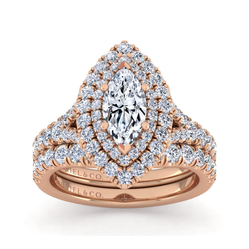 14K Rose Gold Marquise Shape Double Halo Diamond Engagement Ring