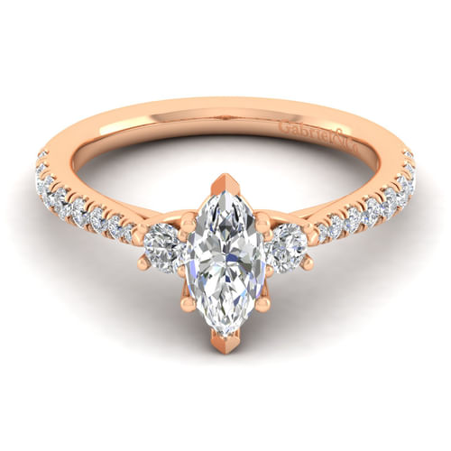 14K Rose Gold Marquise Shape Three Stone Diamond Engagement Ring