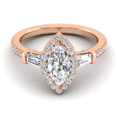 14K Rose Gold Marquise Shape Three Stone Halo Diamond Channel Set Engagement Ring