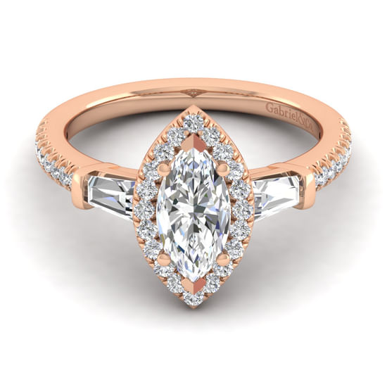 Gabriel - 14K Rose Gold Marquise Shape Three Stone Halo Diamond Channel Set Engagement Ring