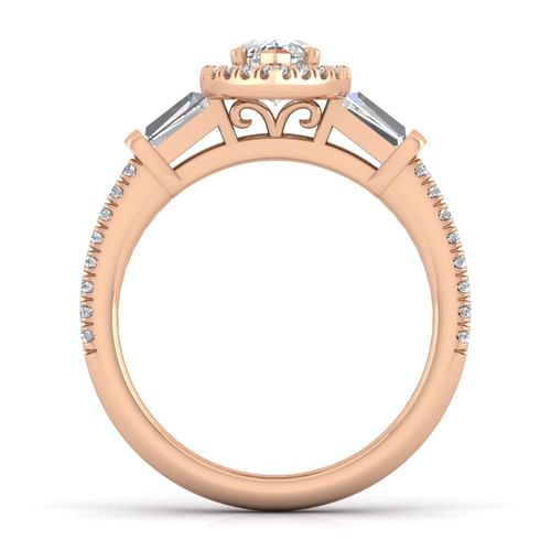 14K Rose Gold Marquise Shape Three Stone Halo Diamond Channel Set Engagement Ring