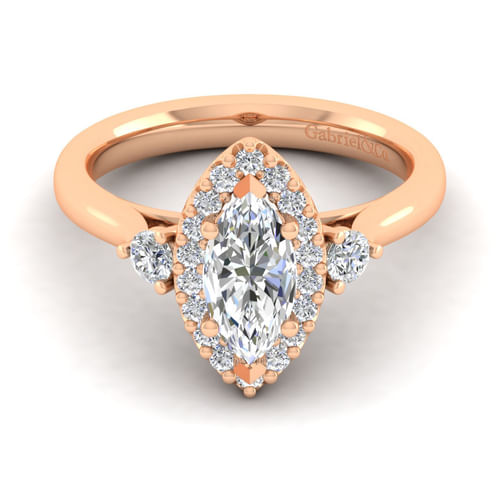 14K Rose Gold Marquise Shape Three Stone Halo Diamond Engagement Ring