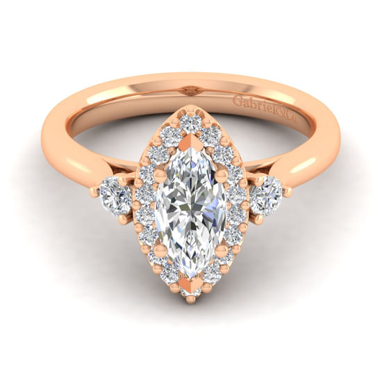 Gabriel - 14K Rose Gold Marquise Shape Three Stone Halo Diamond Engagement Ring