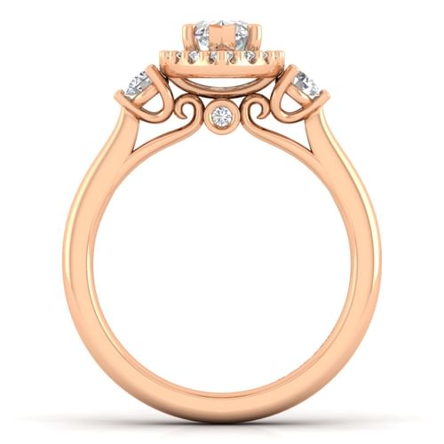 14K Rose Gold Marquise Shape Three Stone Halo Diamond Engagement Ring