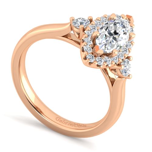 14K Rose Gold Marquise Shape Three Stone Halo Diamond Engagement Ring