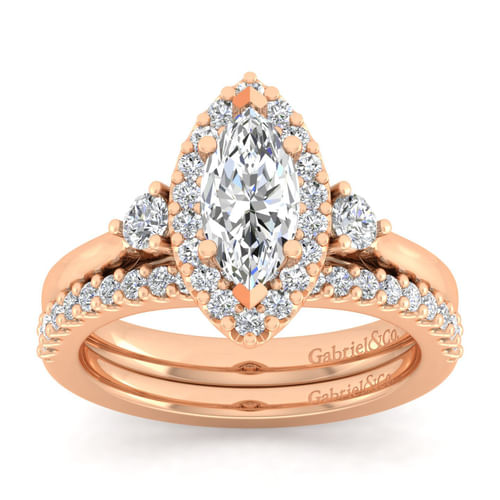 14K Rose Gold Marquise Shape Three Stone Halo Diamond Engagement Ring
