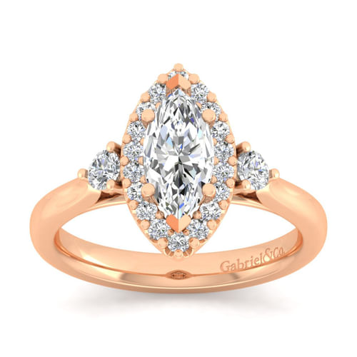 14K Rose Gold Marquise Shape Three Stone Halo Diamond Engagement Ring