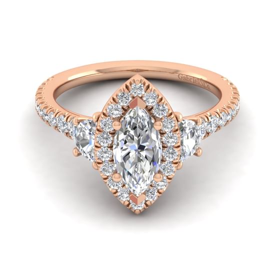 Gabriel - 14K Rose Gold Marquise Shape Three Stone Halo Diamond Engagement Ring