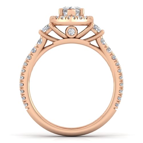 14K Rose Gold Marquise Shape Three Stone Halo Diamond Engagement Ring