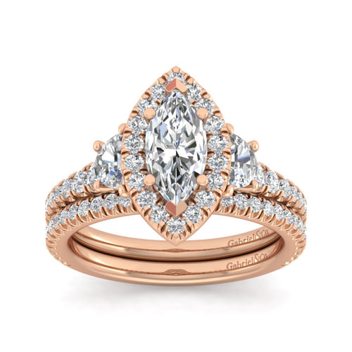 14K Rose Gold Marquise Shape Three Stone Halo Diamond Engagement Ring