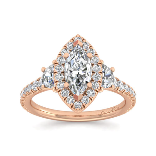 14K Rose Gold Marquise Shape Three Stone Halo Diamond Engagement Ring
