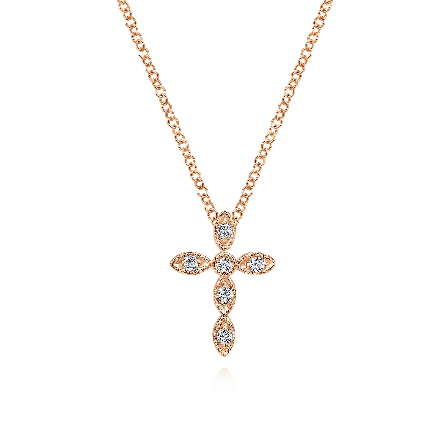 14K Rose Gold Marquise Shaped Diamond Cross Necklace