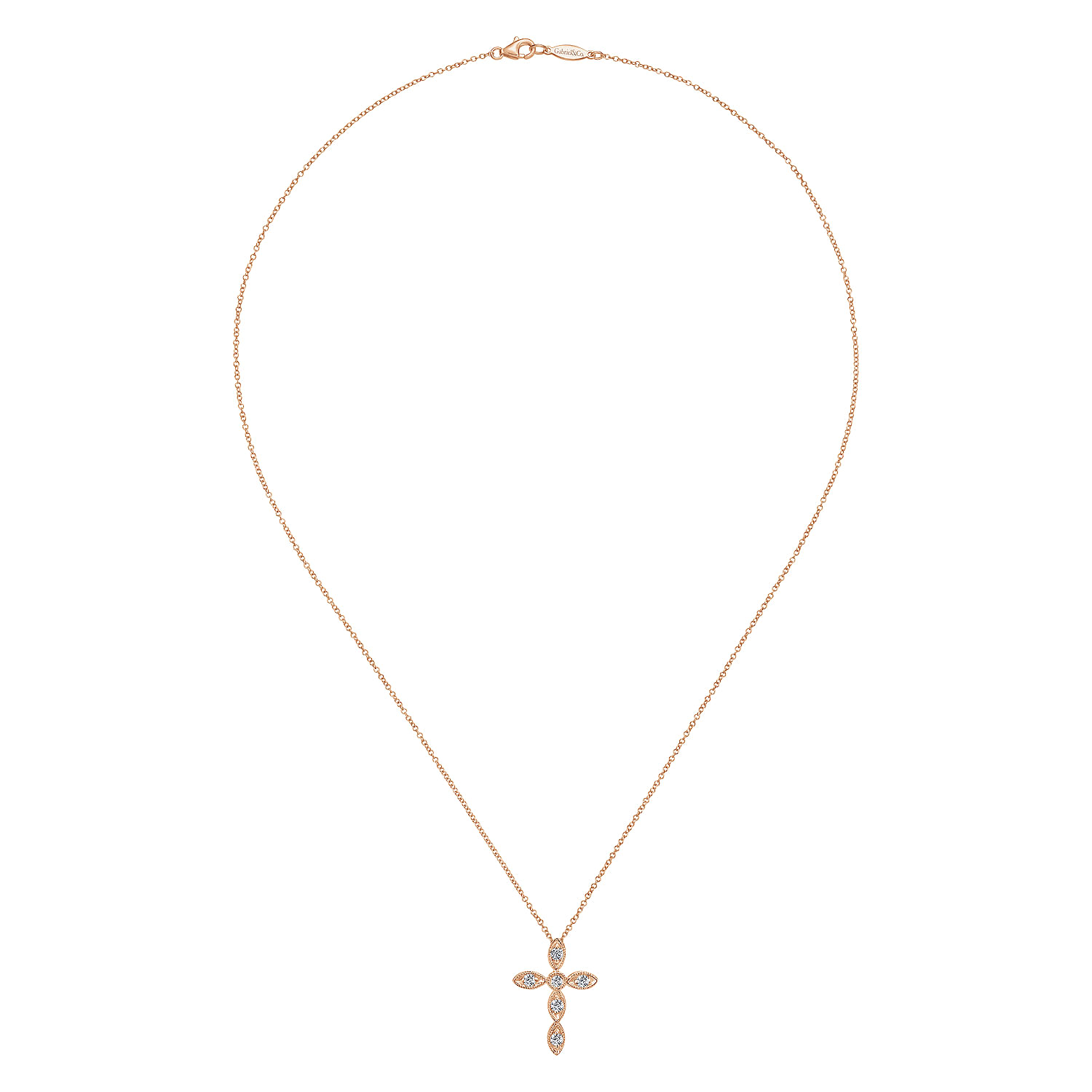 14K Rose Gold Marquise Shaped Diamond Cross Necklace