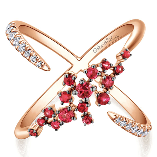Gabriel - 14K Rose Gold Modern Scattered Ruby and Diamond Open Ring