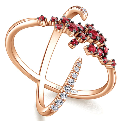 14K Rose Gold Modern Scattered Ruby and Diamond Open Ring