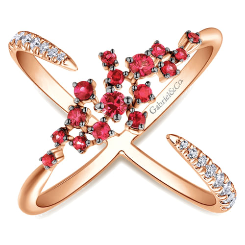 14K Rose Gold Modern Scattered Ruby and Diamond Open Ring