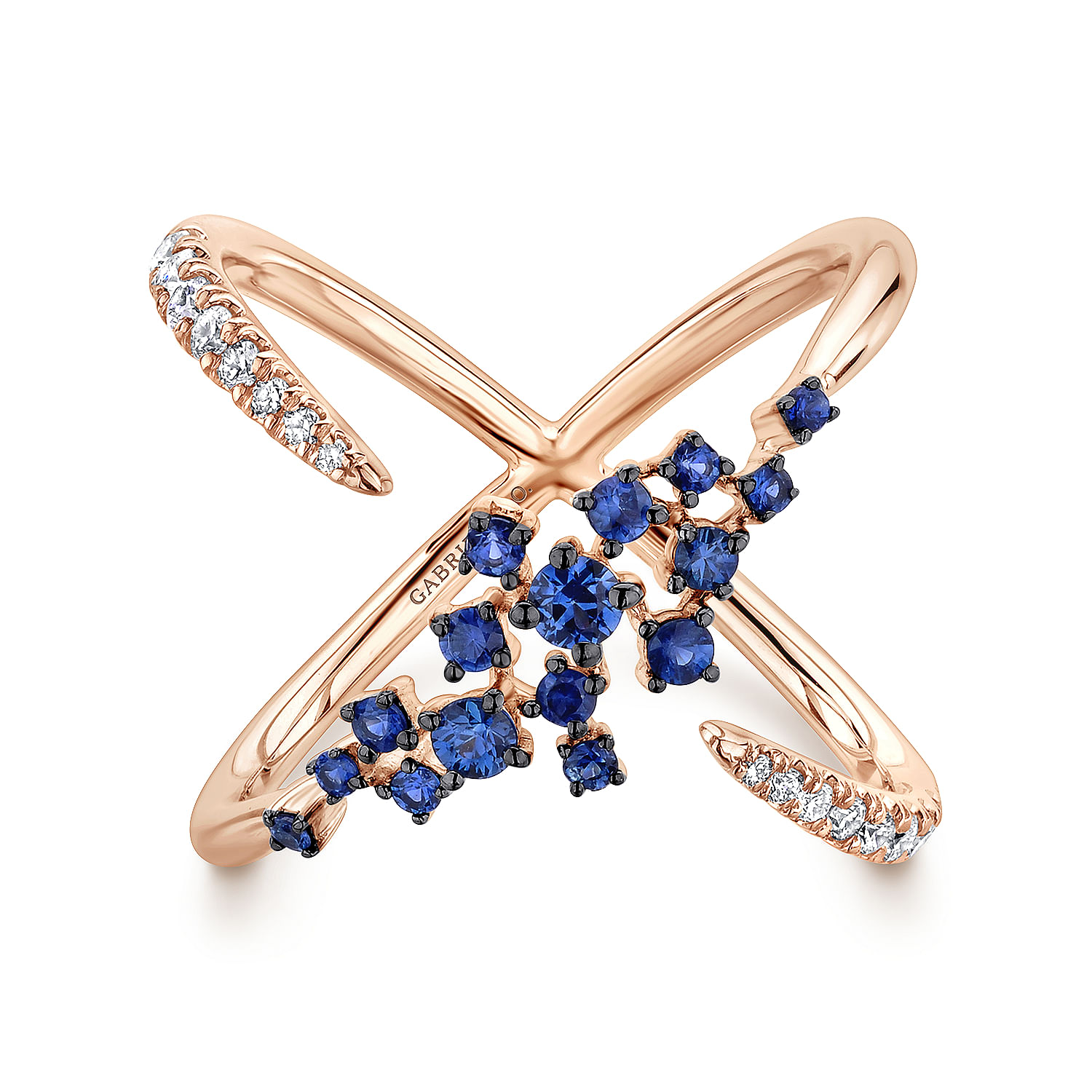 14K Rose Gold Modern Scattered Sapphire and Diamond Open Ring